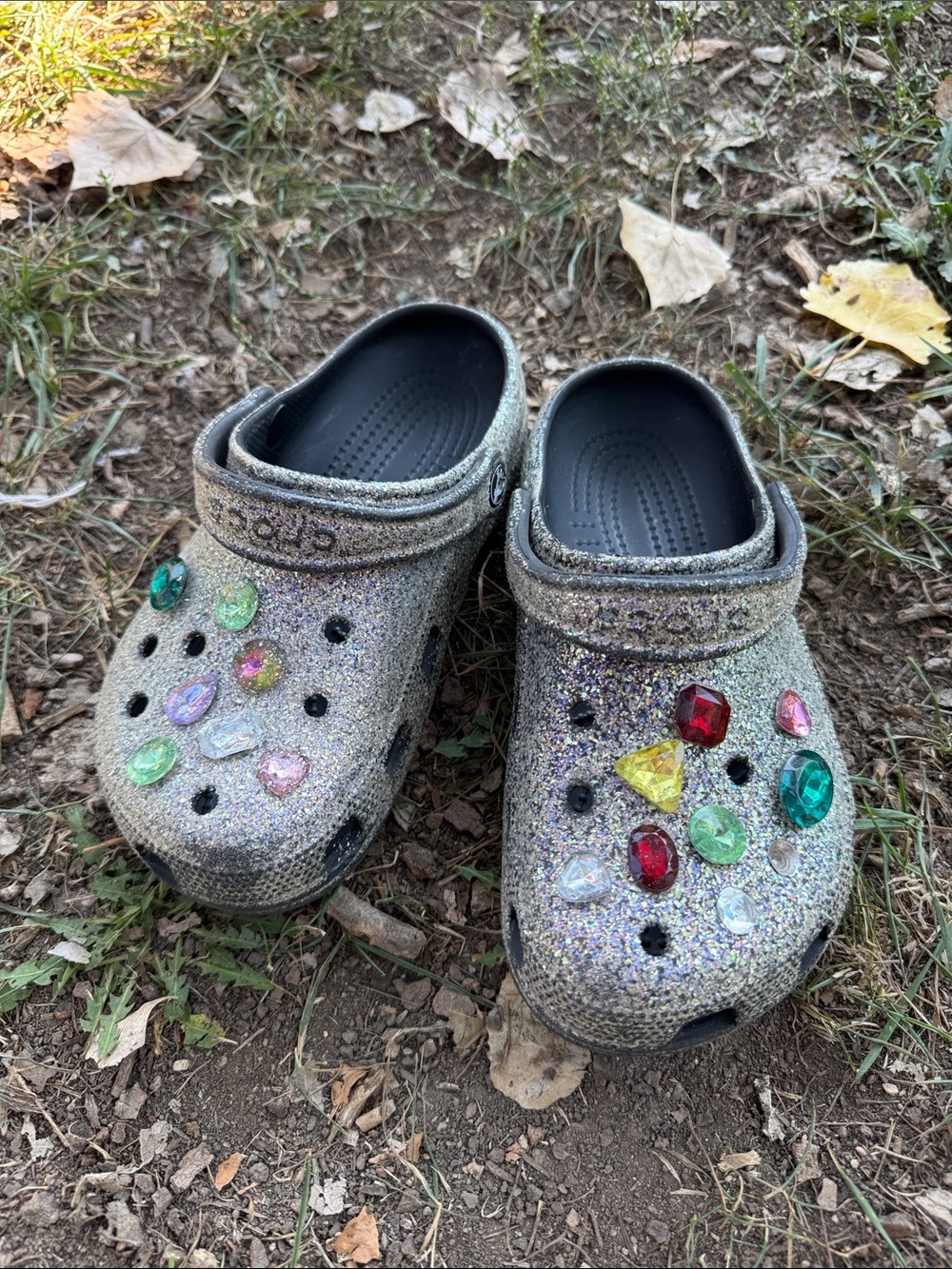 CROCS Glitter Jeweled Clogs in Silver with Multicolor Gems